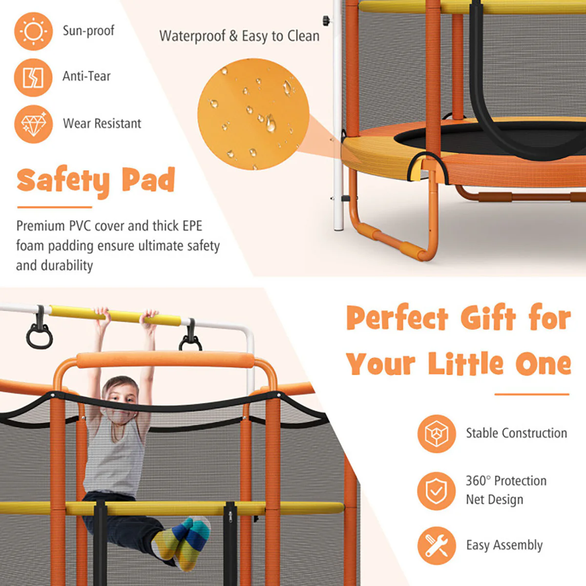 5' Kids 3-in-1 Game Trampoline with Enclosure Net Spring Pad - Image 15