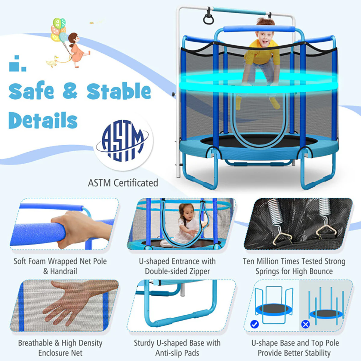 5' Kids 3-in-1 Game Trampoline with Enclosure Net Spring Pad - Image 5