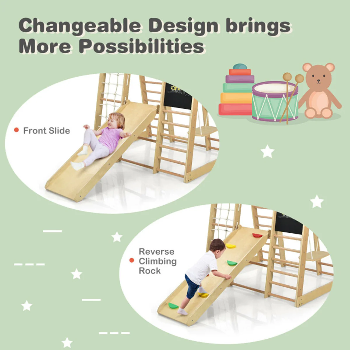 8-in-1 Wooden Climber Play Set with Slide and Swing - Image 11