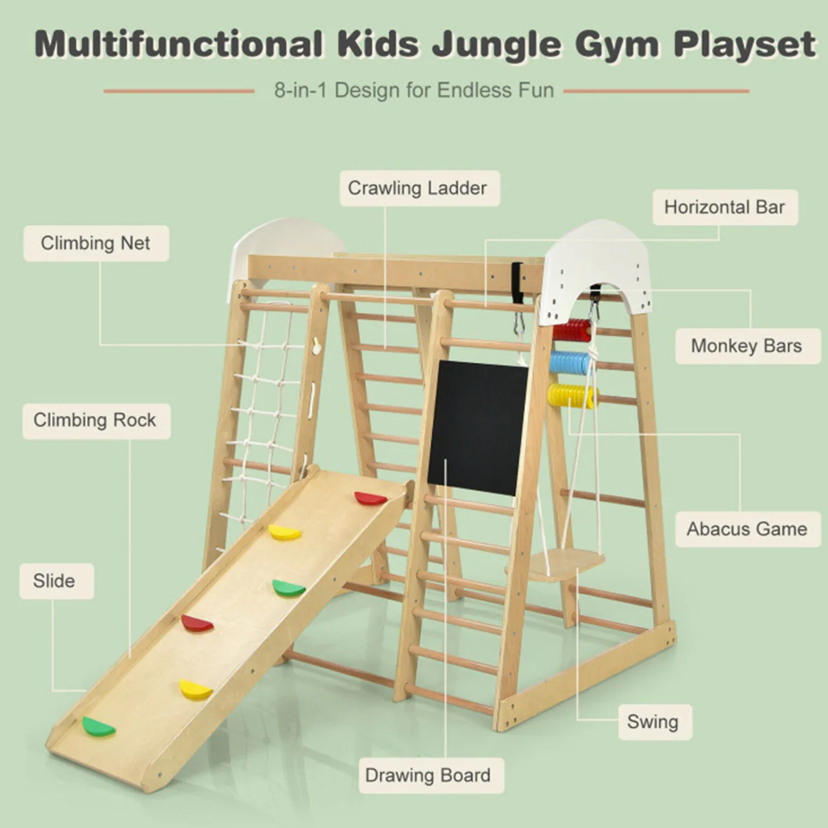 8-in-1 Wooden Climber Play Set with Slide and Swing - Image 14