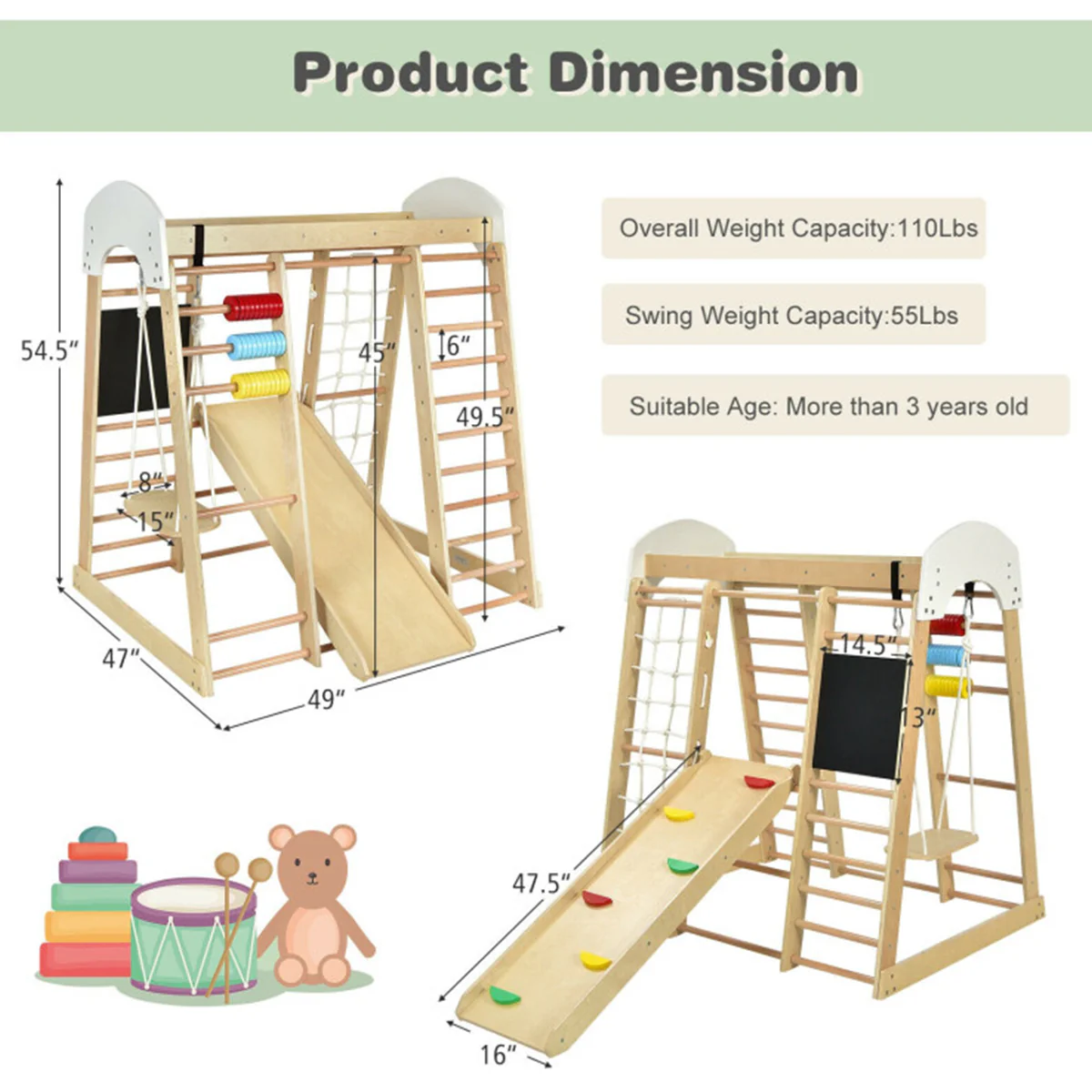 8-in-1 Wooden Climber Play Set with Slide and Swing - Image 15
