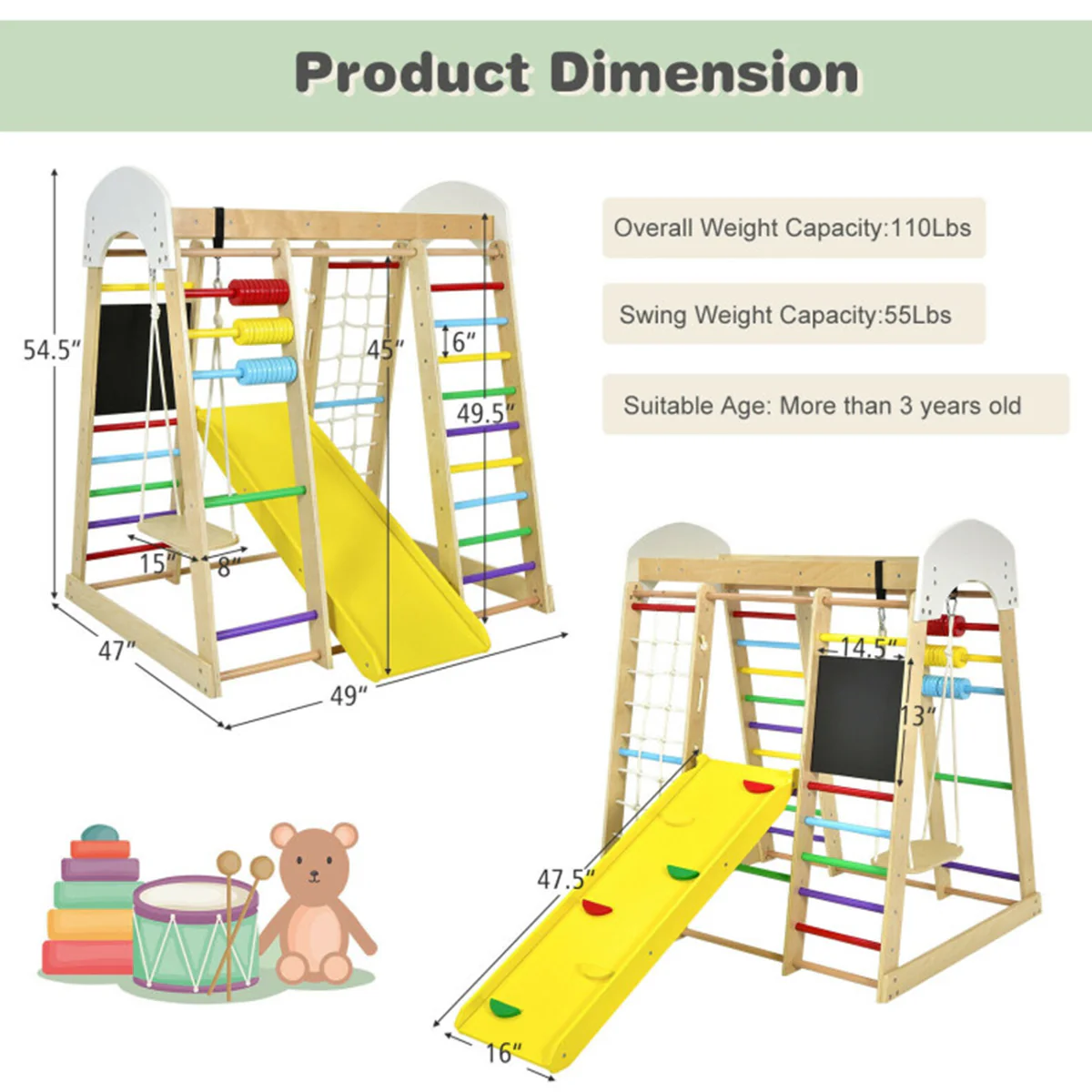8-in-1 Wooden Climber Play Set with Slide and Swing - Image 3