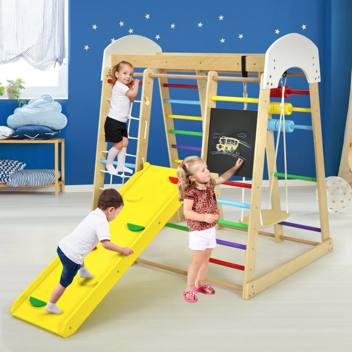 8-in-1 Wooden Climber Play Set with Slide and Swing - Image 8