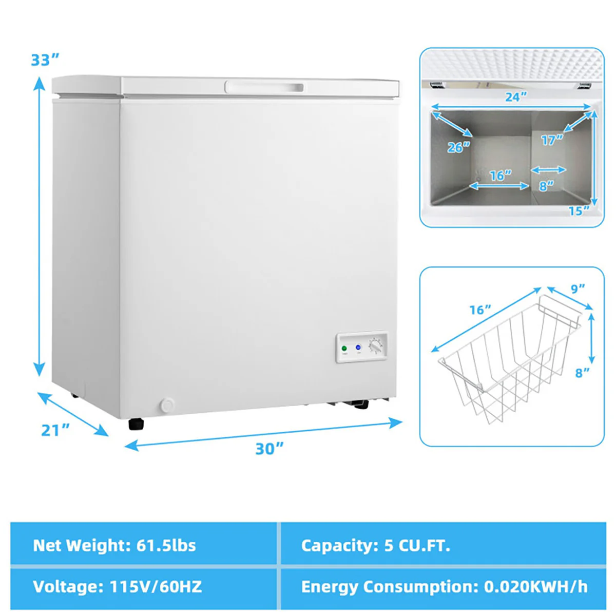 Compact Chest Freezer with Removable Storage Basket - Image 20